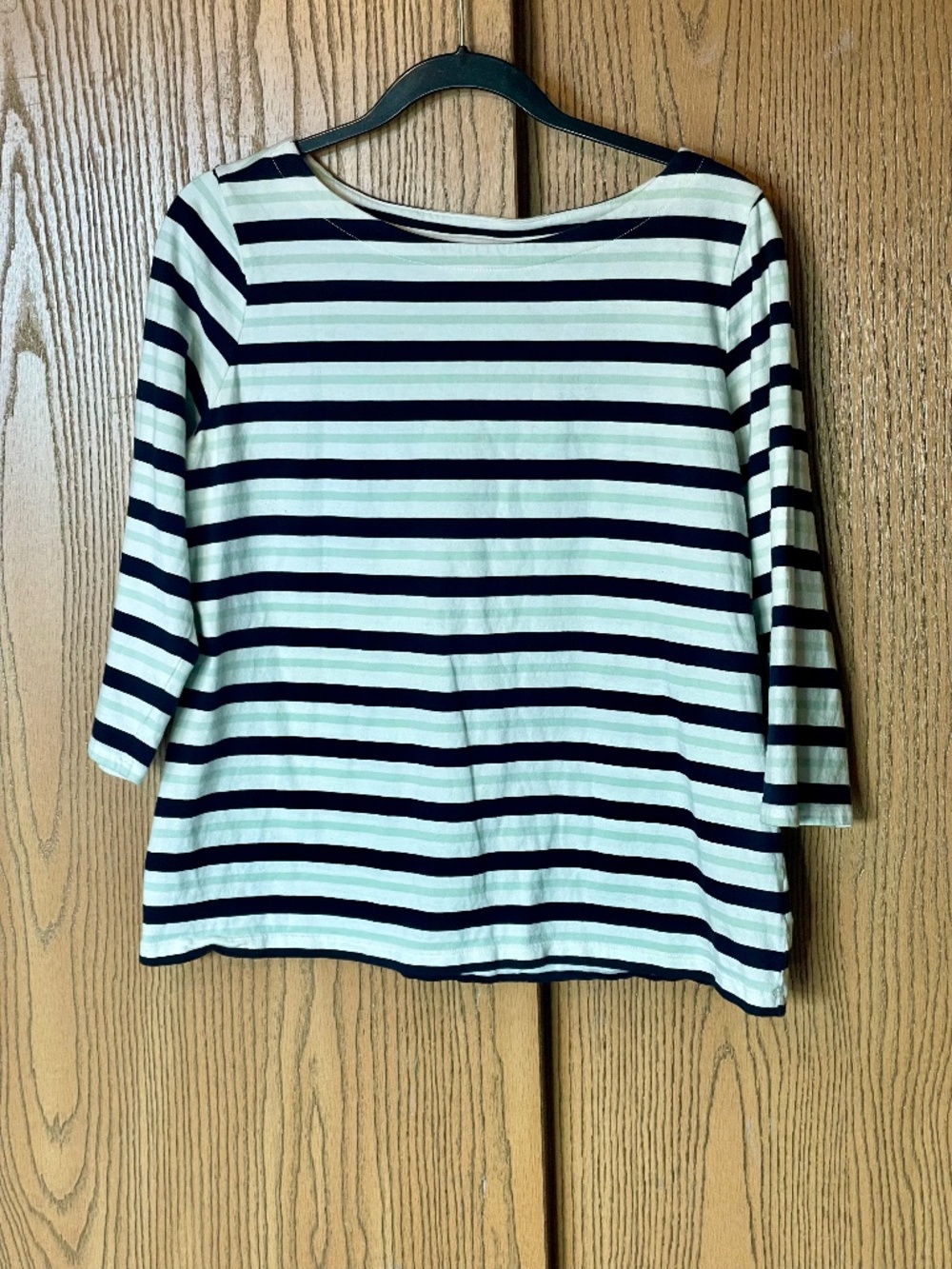 LIZ CLAIBORNE 100% ORGANIC COTTON STRIPED TOP 3/4 SLEEVES SIZE L NAUTICAL